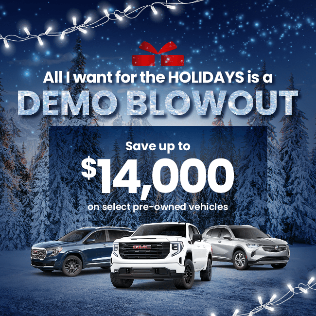Holiday car sale event offering up to $14,000 off select pre-owned vehicles, featuring a festive snowy background.