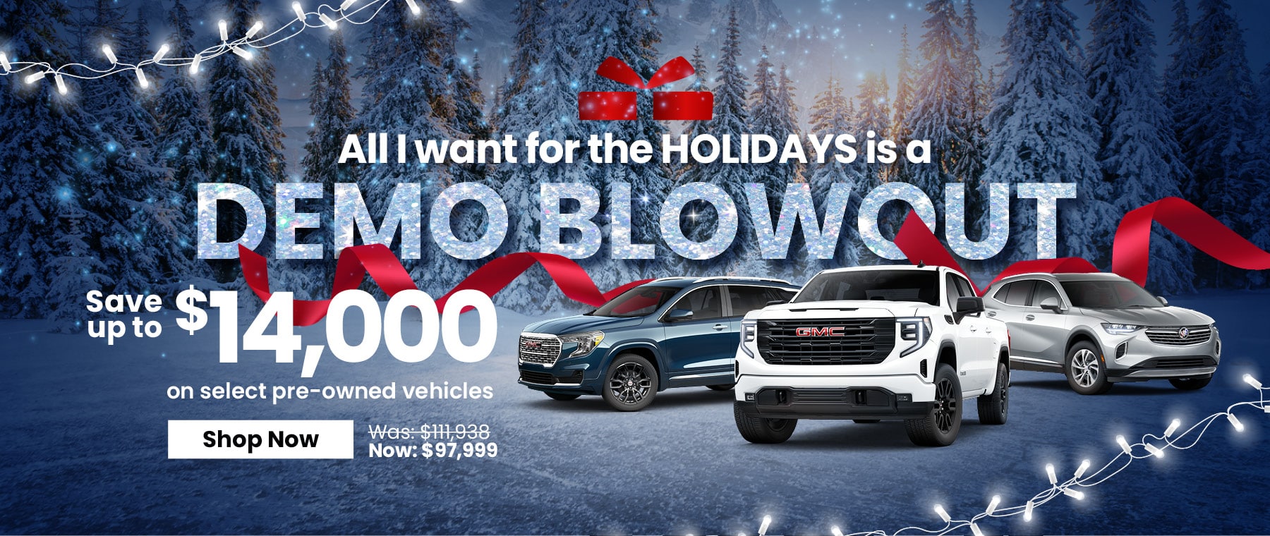 Holiday car sale event offering up to $14,000 off select pre-owned vehicles, featuring a festive snowy background.