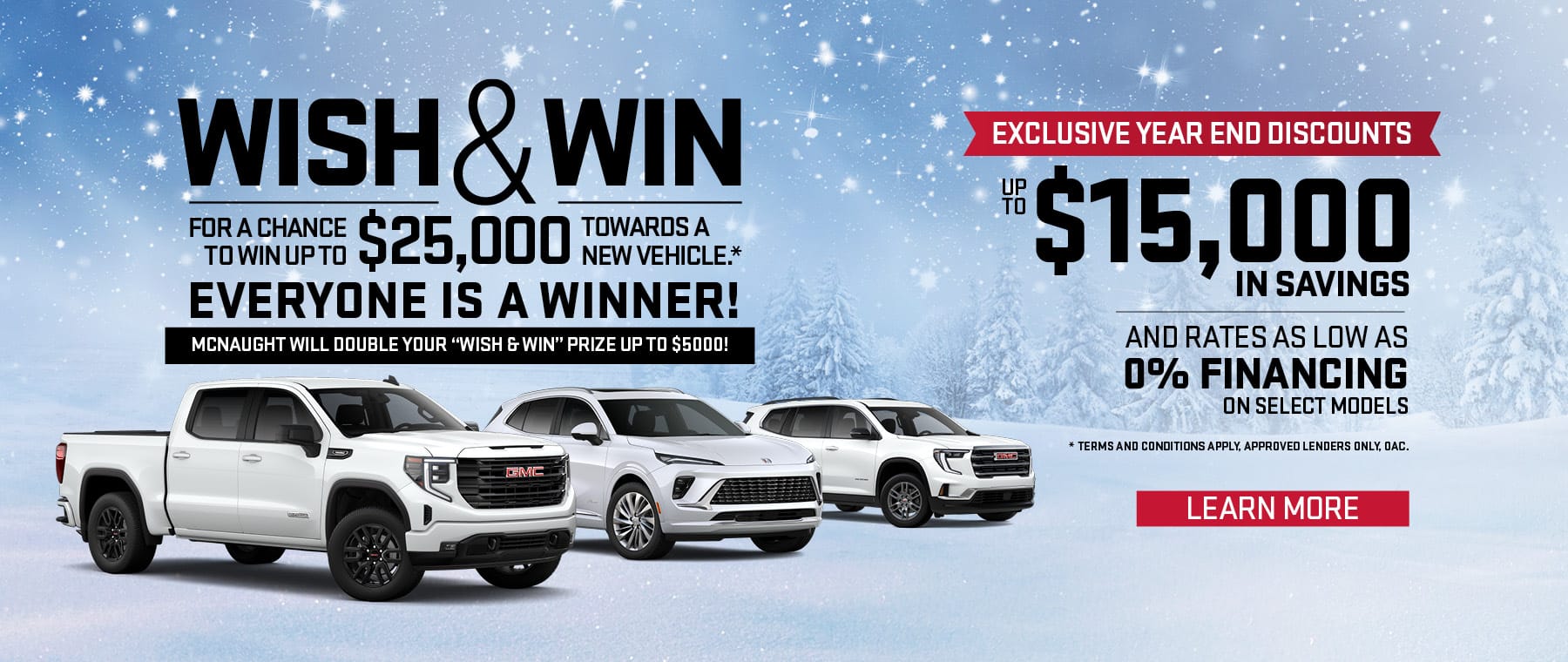 Winter car promotion offering up to $25,000 towards a new vehicle, with $15,000 savings and 0% financing.