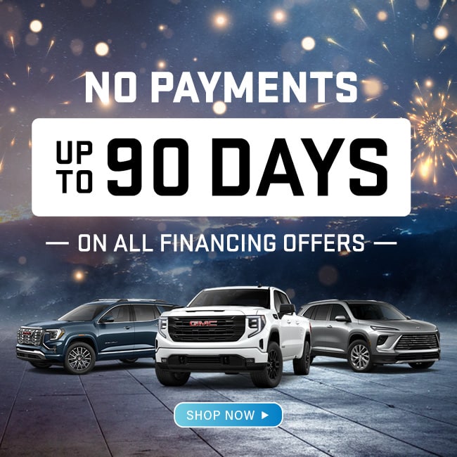 "No payments for up to 90 days on all financing offers. Three cars in foreground with fireworks in background."