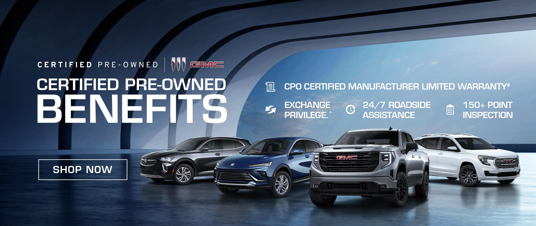 GMC vehicles are displayed with text highlighting certified pre-owned benefits like warranty and roadside assistance.