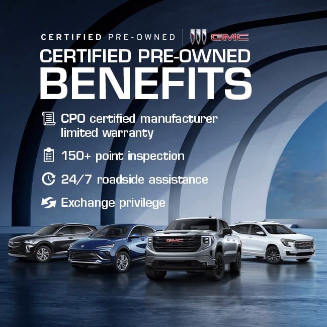 GMC certified pre-owned benefits include warranty, 150+ point inspection, 24/7 roadside assistance, and exchange privilege, displayed with cars.
