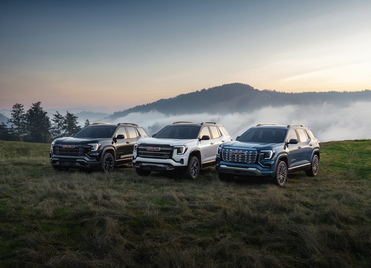 Three SUVs parked on a grassy field, with a misty mountain landscape at sunrise.