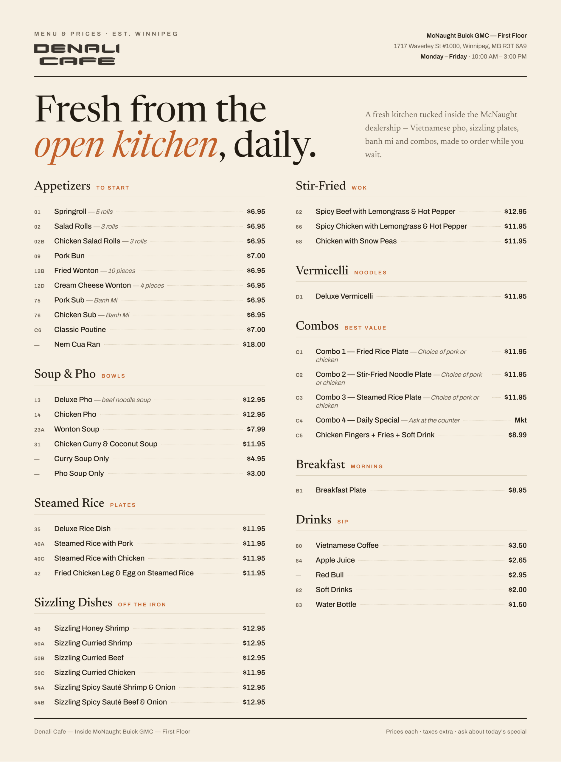 Denali Cafe menu featuring breakfast items, wraps, burgers, salads, and sides with pricing. Winnipeg location.